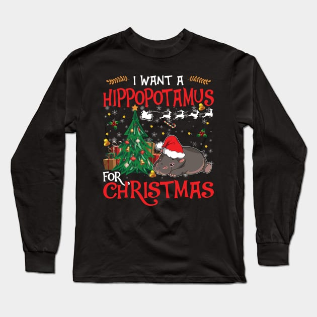 I want a hippopotamus for Christmas shirt gift hippo lover - hippo wears Santa hat shirt Long Sleeve T-Shirt by TeesCircle